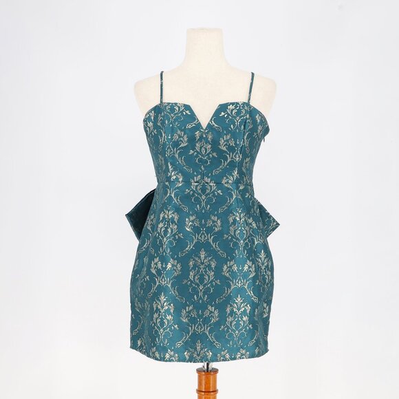 ALTAR'D STATE Brocade Jacquard Bow Tie Mini Dress Teal Gold Metallic Size M - Picture 2 of 8